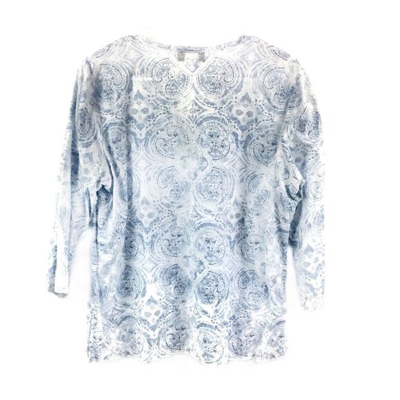 Jones New York Pheasant Blouse Blue White Lace Neck Large Petite - Picture 5 of 6